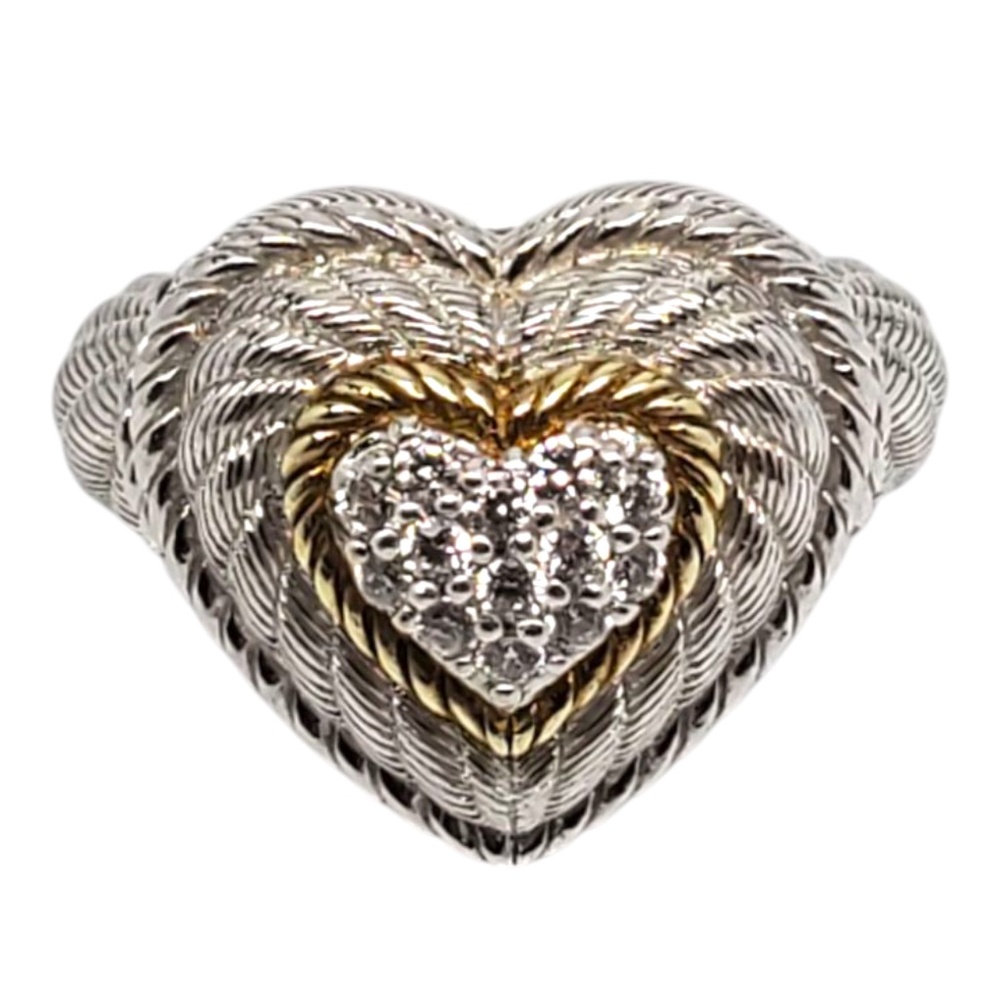 Judith Ripka Sterling Silver and  Gold Tone CZ Pave Heart Ring Size 7 #21041